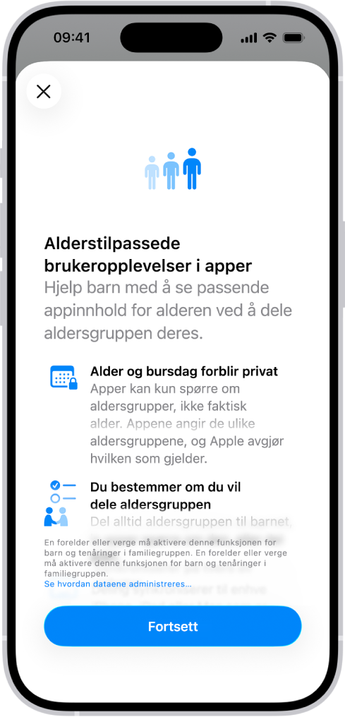 Alderstilpassede brukeropplevelser i apper-skjermen i Innstillinger, som forklarer hvordan du, ved å oppgi barnets aldersgruppe, kan gi barnet alderstilpassede appopplevelser.