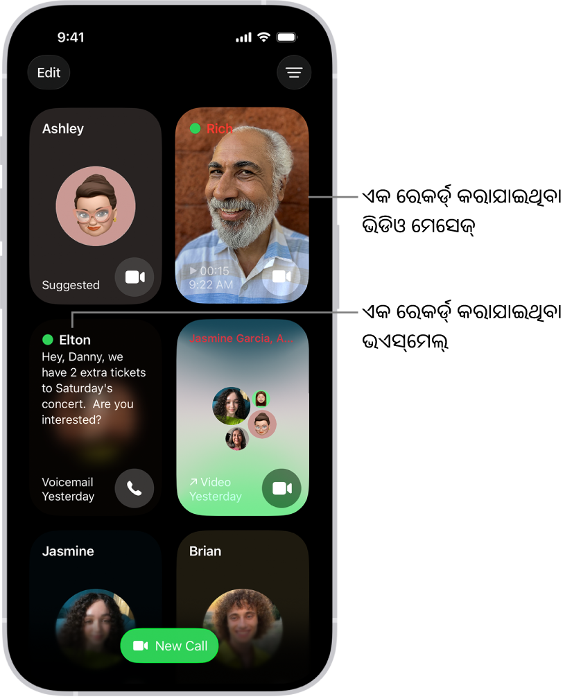FaceTime କଲ୍ ହିଷ୍ଟ୍ରି, ଏକ ପ୍ରସ୍ତାବିତ କଣ୍ଟାକ୍ଟ୍, ଏକ ରେକର୍ଡ୍ ହୋଇଥିବା ଭିଡିଓ ମେସେଜ୍, ଏକ ଭଏସ୍‌ମେଲ୍ ଏବଂ ଏକ ଗ୍ରୂପ୍ FaceTime ଭିଡିଓ କଲ୍ ଦେଖାଉଛି।