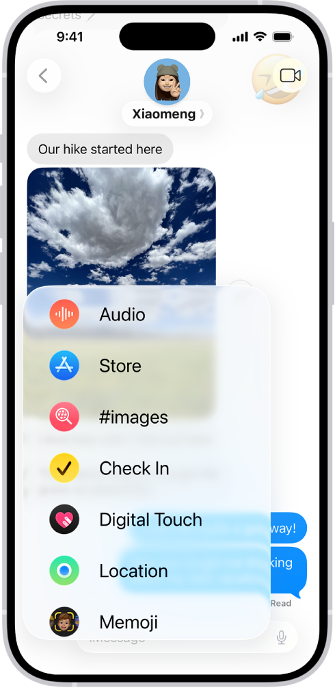 iPhone ’ਤੇ ਸੁਨੇਹੇ ਐਪ ਵਿੱਚ “ਜੋੜੋ” ਮੈਨਿਊ, ਜਿਸ ਵਿੱਚ iMessage ਦੇ ਕਈ ਫ਼ੀਚਰ ਸੂਚੀਬੱਧ ਹਨ: ਆਡੀਓ ਮੈਸੇਜਿੰਗ, App Store, GIF ਚਿੱਤਰ, ਚੈੱਕ ਇਨ, Digital Touch, ਟਿਕਾਣਾ ਸਾਂਝਾ ਕਰਨਾ ਅਤੇ Memoji।