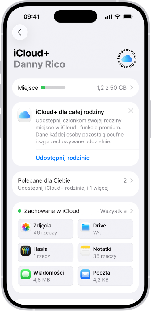 Ekran ustawień iCloud zawierający wskaźnik wykorzystania dostępnego miejsca w iCloud oraz listę funkcji, takich jak Zdjęcia, iCloud Drive i Backup w iCloud, których można używać z iCloud.