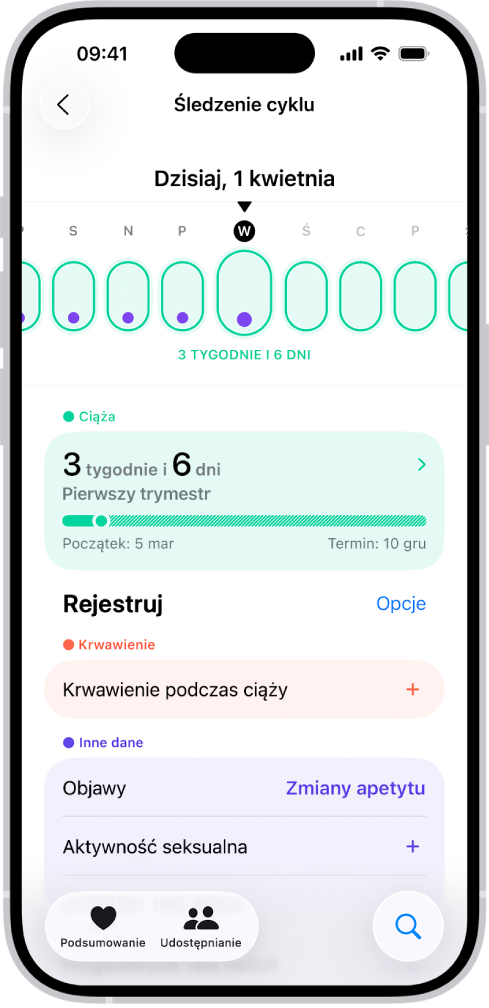 Ekran śledzenia cyklu. Na górze ekranu widoczna jest linia czasowa ciąży przedstawiająca tydzień. Pierwsze pięć dni na linii czasowej oznaczone jest jasnozielonymi owalami oraz purpurowymi kropkami. Pozostałe dni na linii czasowej są oznaczone zakreskowanymi jasnozielonymi owalami. Poniżej linii czasowej widoczne jest podsumowanie ciąży, zawierające wiek ciąży, jej początek oraz szacowany termin porodu. Poniżej podsumowania ciąży widoczne są opcje umożliwiające między innymi dodawanie informacji o krwawieniu podczas ciąży i objawach.