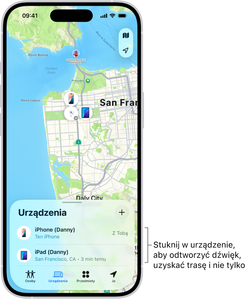 Lista Urządzenia w aplikacji Znajdź. Na liście widoczne są dwa urządzenia: iPhone (Daniel) oraz iPad (Daniel). Ich położenie jest wyświetlane na mapie.