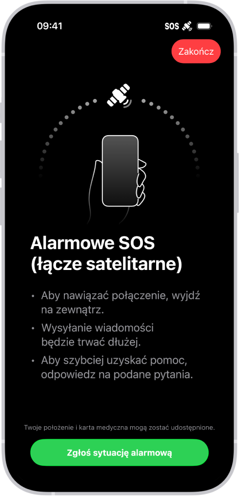 Ekran funkcji Alarmowe SOS z informacją o połączeniu z satelitą i wskazówką dla użytkownika, aby nadal kierować urządzenie ku satelicie. Na dole ekranu znajduje się przycisk z etykietą Zgłoś sytuację alarmową.