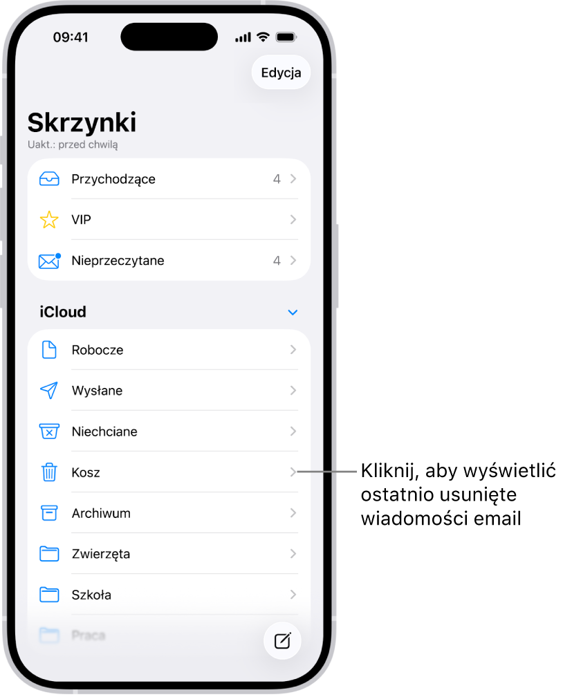 Ekran Skrzynki. Pod etykietą iCloud znajdują się skrzynki ułożone od góry do dołu, w tym między innymi skrzynka Kosz. Możesz stuknąć w tę skrzynkę, aby wyświetlić ostatnio usunięte wiadomości.