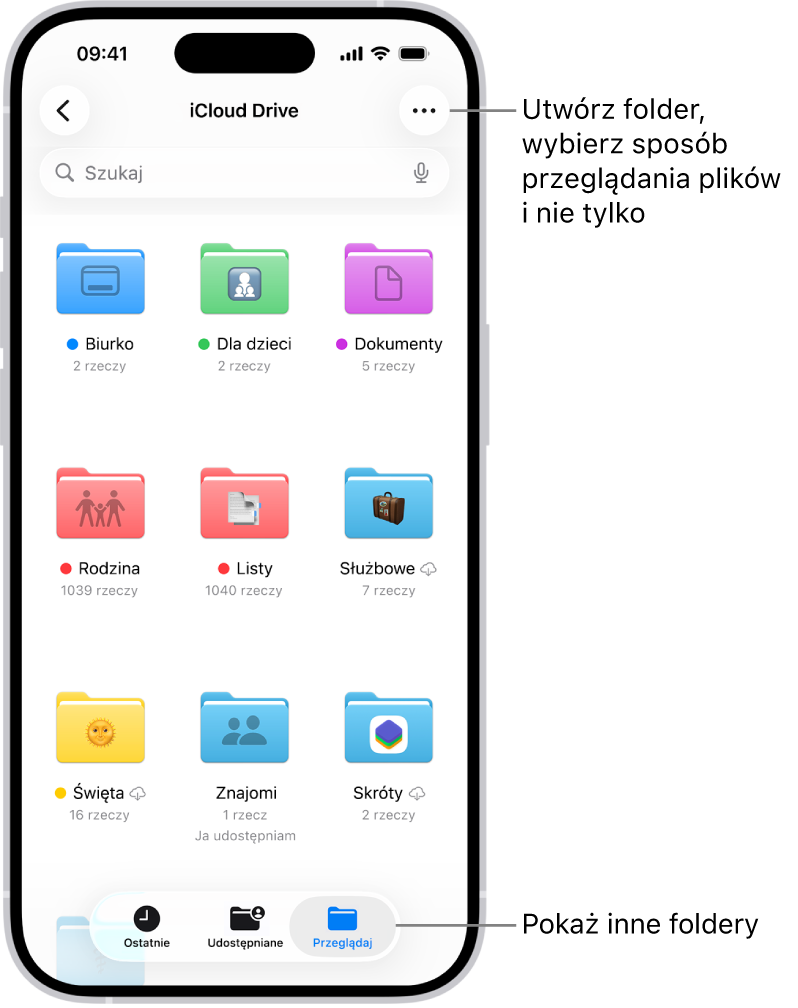 Aplikacja Pliki wyświetlająca pliki i foldery przechowywane w iCloud Drive. Wyświetlone jest menu Więcej, które zawiera następujące polecenia: Zaznacz, Nowy folder, Skanuj dokumenty oraz Połącz z serwerem. Poniżej znajdują się opcje dotyczące wyświetlania rzeczy jako ikon i jako listy. Na dole widoczne są opcje sortowania: Nazwa, Rodzaj, Data, Wielkość oraz Tagi. Jeszcze niżej znajduje się pozycja Opcje widoku.