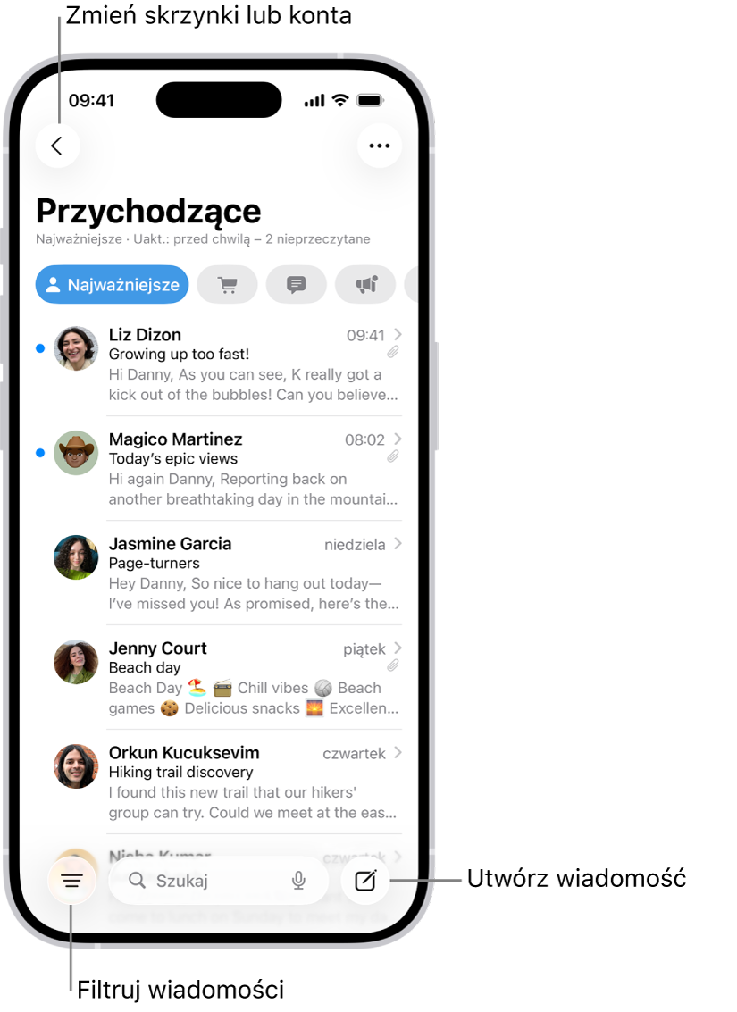 Skrzynka Przychodzące w aplikacji Poczta, wyświetlająca listę wiadomości email.