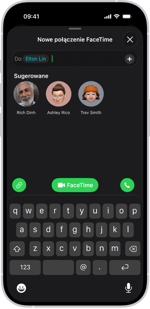Ekran rozpoczynania połączenia FaceTime. Widoczny jest przycisk Utwórz łącze oraz przycisk Nowe połączenie, umożliwiający rozpoczęcie połączenia audio lub wideo FaceTime.