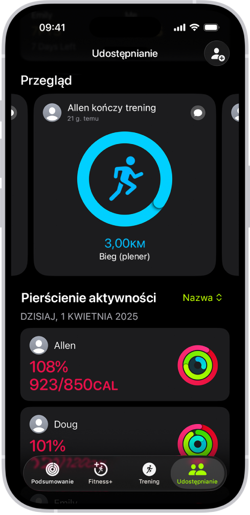 Ekran Udostępnianie w aplikacji Fitness. Widoczne są udostępniane między znajomymi pierścienie ruchu i przegląd aktywności.