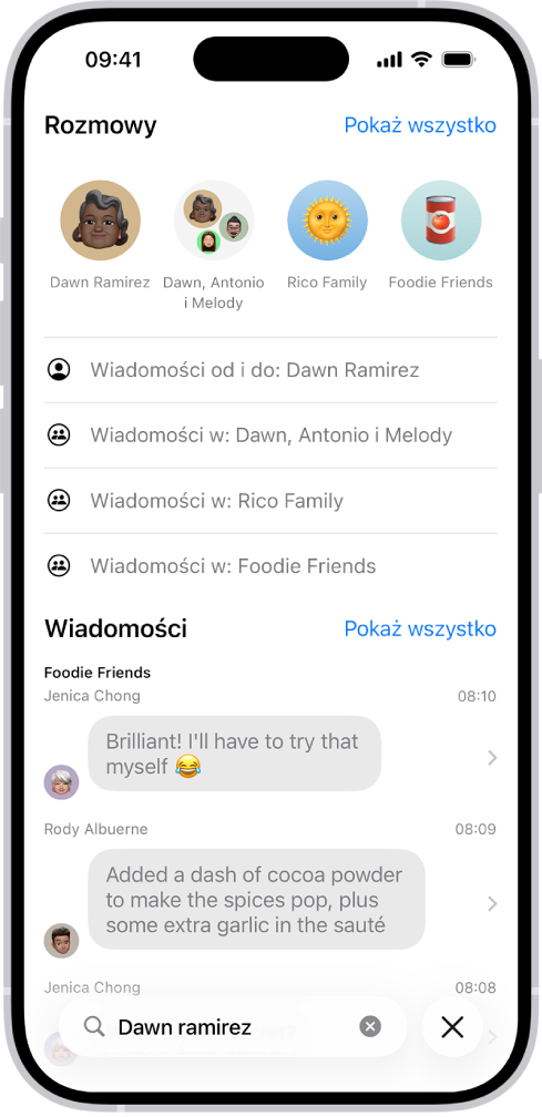 Na dole ekranu aplikacji Wiadomości widoczne jest pole wyszukiwania. W polu wyszukiwania widoczne jest imię osoby, a powyżej znajdują się różne wyniki wyszukiwania.