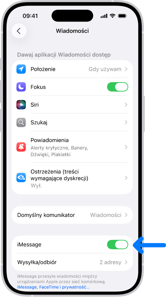 Panel ustawień Wiadomości z włączoną funkcją iMessage.