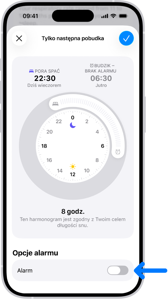 Ekran Tylko następna pobudka w aplikacji Zdrowie. Na dole widoczny jest wyłączony alarm.