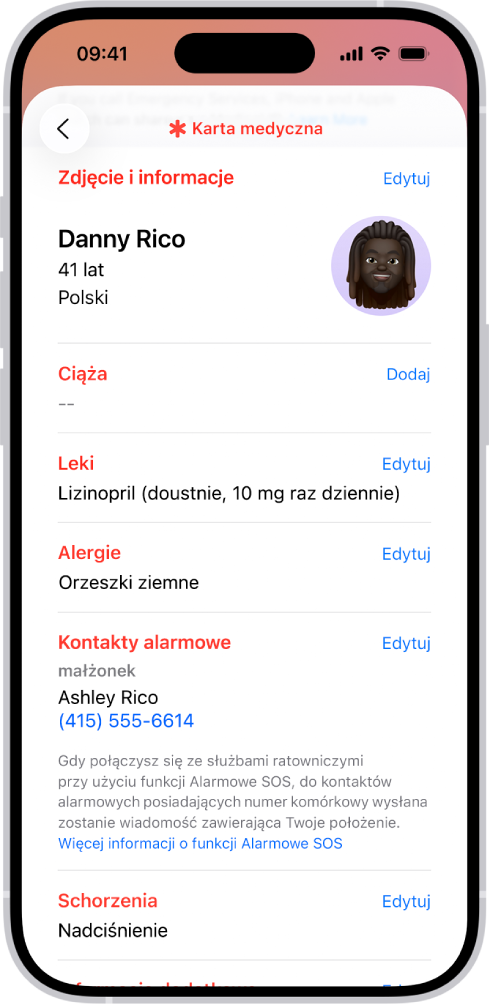 Ekran karty medycznej z takimi informacjami, jak data urodzenia, leki, alergie, kontakty alarmowe oraz schorzenia.