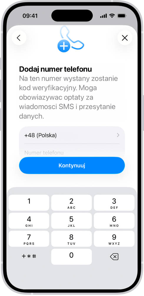 Ekran Dodaj numer telefonu w Ustawieniach.