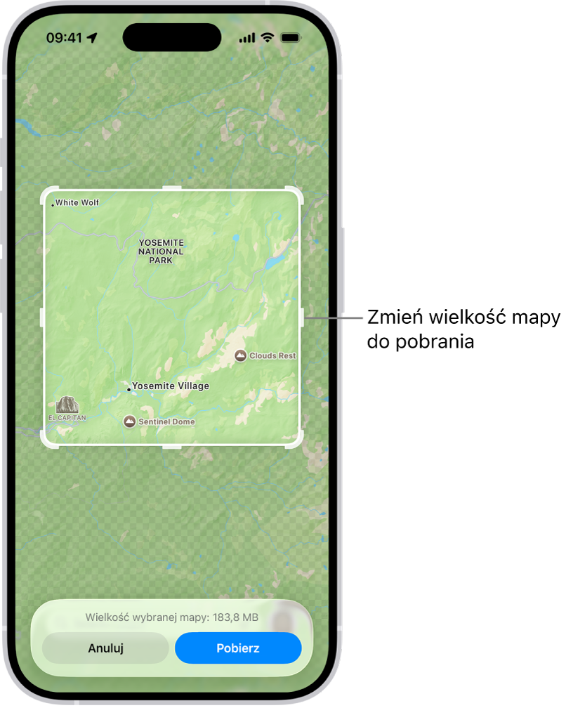 Mapa parku narodowego. Park otoczony jest prostokątem z uchwytami. Uchwyty te można przesunąć, aby zmienić wielkość mapy do pobrania. Wielkość mapy do pobrania wyświetlana jest na dole mapy. Na dole ekranu znajdują się przyciski Anuluj oraz Pobierz.