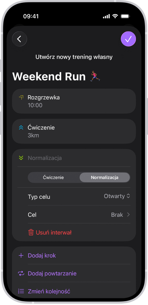 Ekran treningu własnego w aplikacji Fitness pokazujący rozgrzewkę, pracę i interwały regeneracyjne. Na dole ekranu znajdują się przyciski umożliwiające dodanie kroku, powtórzenie interwału oraz zmienianie kolejności interwałów.