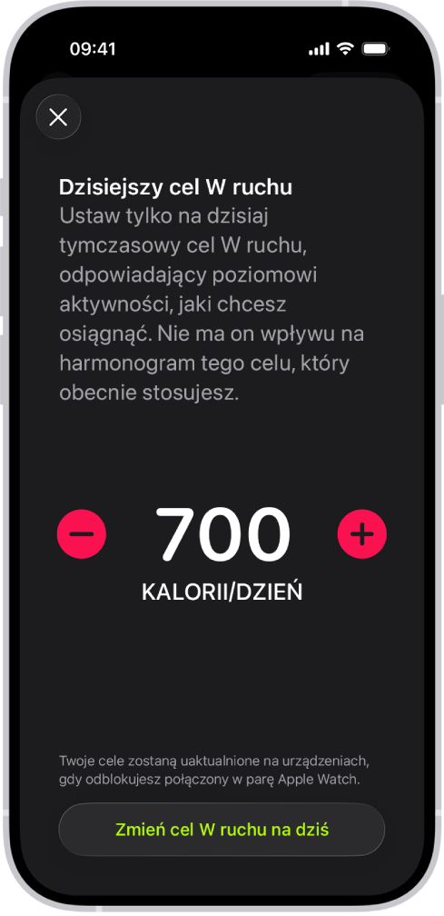 Ekran Harmonogram celu W ruchu w aplikacji Fitness zawierający przyciski pozwalające zwiększyć lub zmniejszyć cel W ruchu.