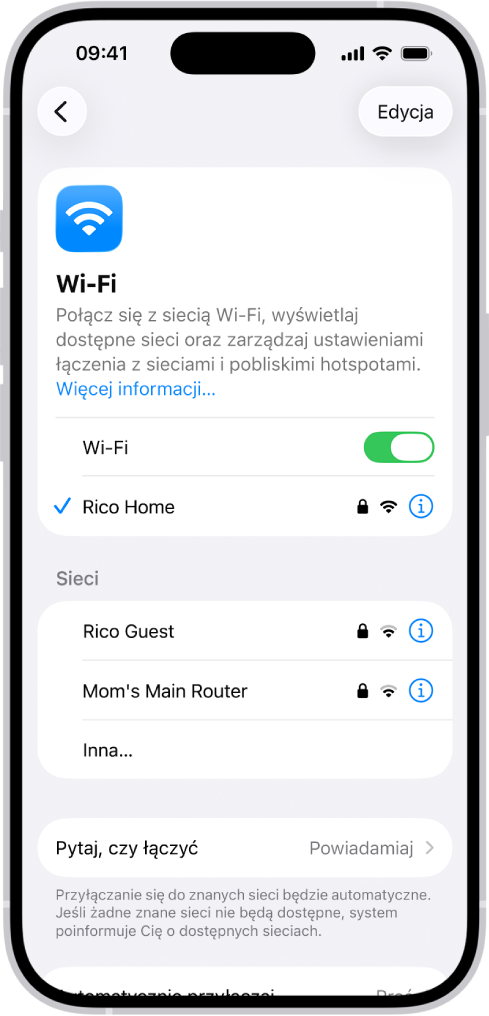 Ekran opcji sieci Wi‑Fi w Ustawieniach. Wi‑Fi jest włączone i wybrana jest sieć.