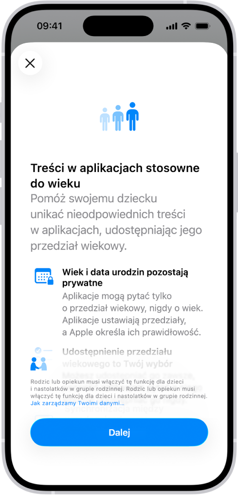 Ekran Treści w aplikacjach stosowne do wieku w Ustawieniach. Widoczne jest wyjaśnienie, jak pomóc dziecku otrzymywać treści w aplikacjach stosowne do wieku dzięki udostępnianiu jego przedziału wiekowego.