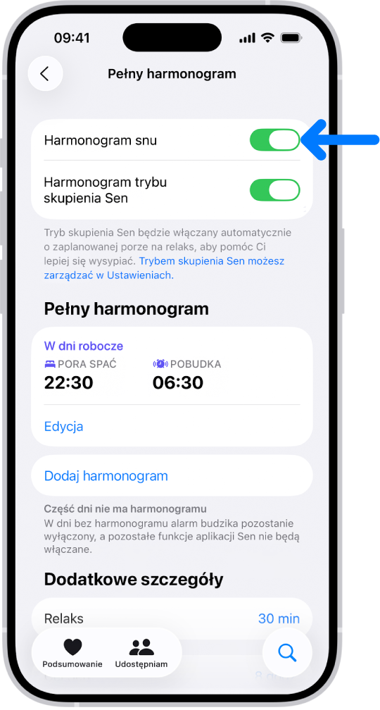 Ekran Pełny harmonogram snu. U góry ekranu włączona jest opcja Harmonogram snu.