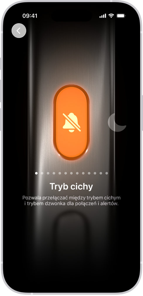 Ekran dostosowywania przycisku czynności. Wybrana jest czynność Aparat. Po lewej i po prawej widoczne są inne czynności, takie jak Nie przeszkadzać oraz Latarka. Poniżej znajdują się kropki, w które możesz stuknąć, aby przełączyć na inną czynność. Poniżej wybranej czynności (Aparat) widoczne jest menu opcji aparatu, w które możesz stuknąć, aby przypisać je do przycisku czynności.
