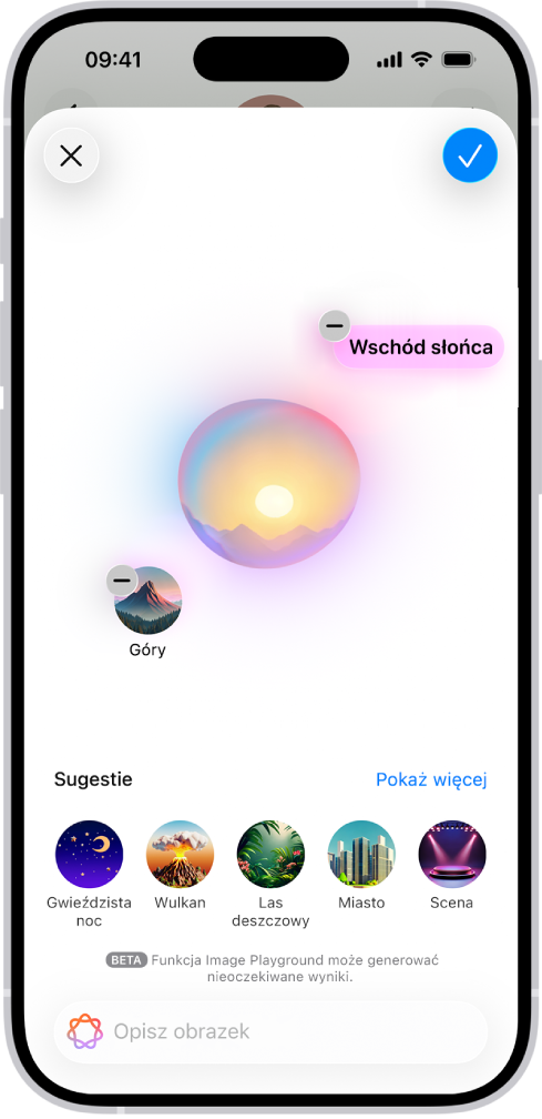 Okno Image Playground w aplikacji Wiadomości pokazujące utworzone tło.