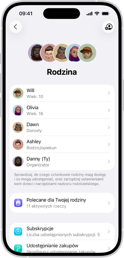 Ekran chmury rodzinnej w Ustawieniach. Widocznych jest pięcioro członków rodziny. Poniżej widoczna jest lista kontrolna rodziny oraz opcje Subskrypcje i Udostępnianie położenia.