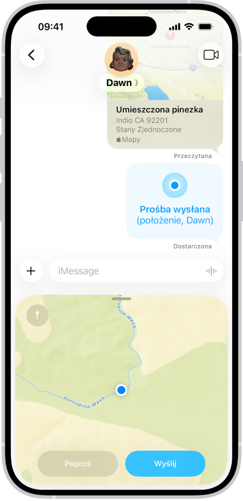 Rozmowa w Wiadomościach. Widoczna jest dodana pinezka, wysłana prośba o udostępnienie położenia oraz bieżące położenie gotowe do wysłania.