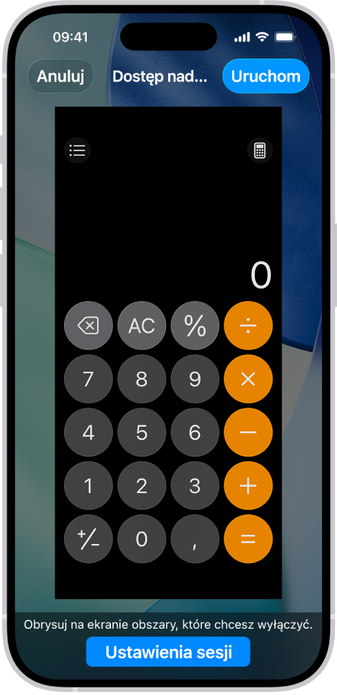 Ekran iPhone’a podczas konfigurowania funkcji Dostęp nadzorowany. Dostęp jest tymczasowo ograniczony tylko do aplikacji Kalkulator. Jeden z przycisków w aplikacji jest wyłączony.
