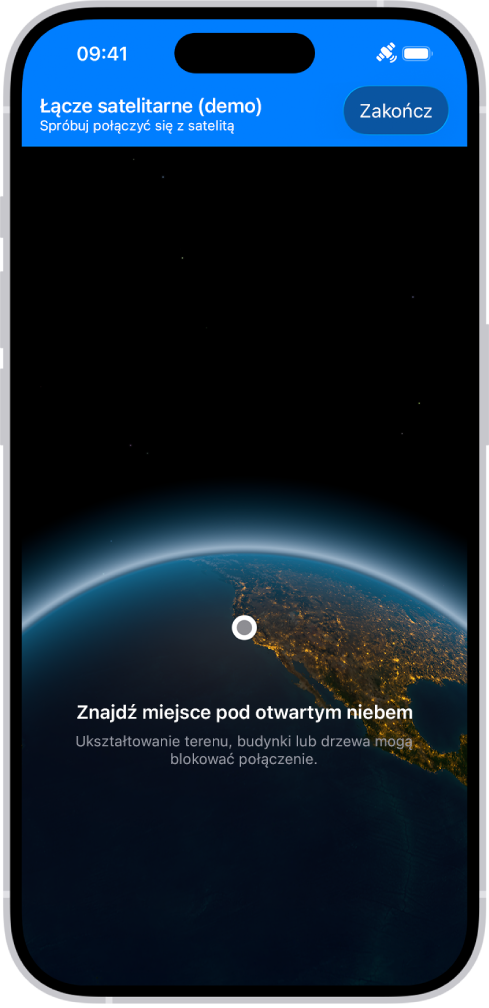Demo połączenia satelitarnego, dostępne w aplikacji Ustawienia, pokazuje, co się dzieje po otworzeniu aplikacji Wiadomości na iPhonie 14 lub nowszym, gdy nie ma zasięgu sieci komórkowej ani Wi‑Fi.