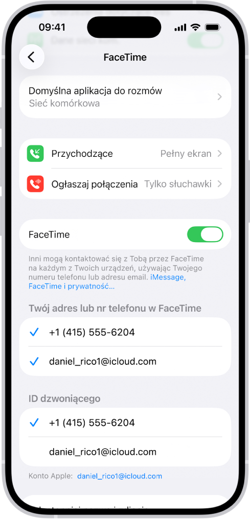 Ekran ustawień FaceTime. Widoczna jest opcja Domyślna aplikacja do rozmów, przełącznik umożliwiający włączenie lub wyłączenie funkcji FaceTime, a także numer telefonu i adres email, przy użyciu których można się z Tobą skontaktować.