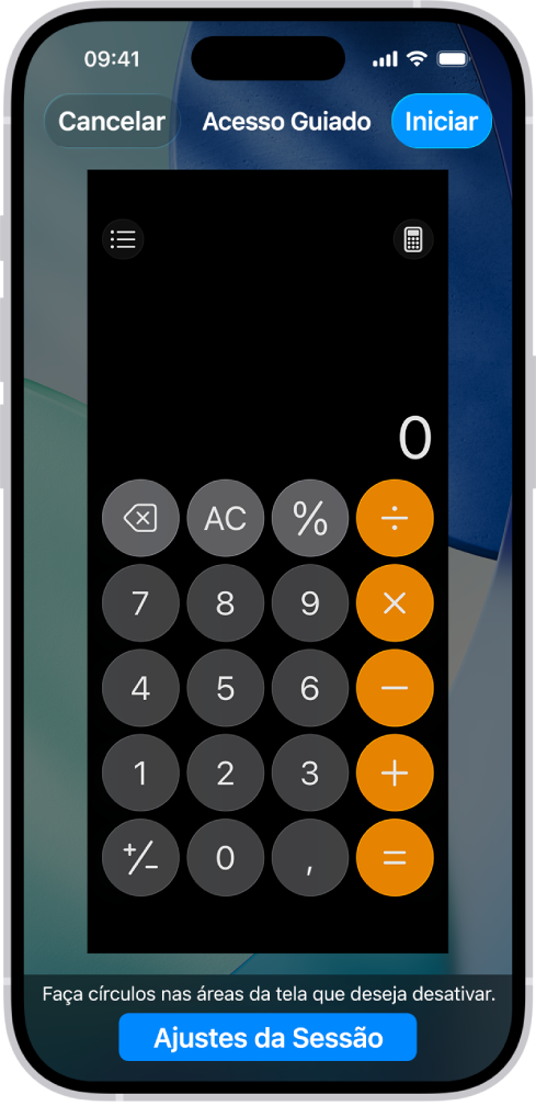 Tela de um iPhone mostrando o Acesso Guiado em configuração. O iPhone está temporariamente bloqueado apenas no app Calendário e um dos botões do app foi desativado.