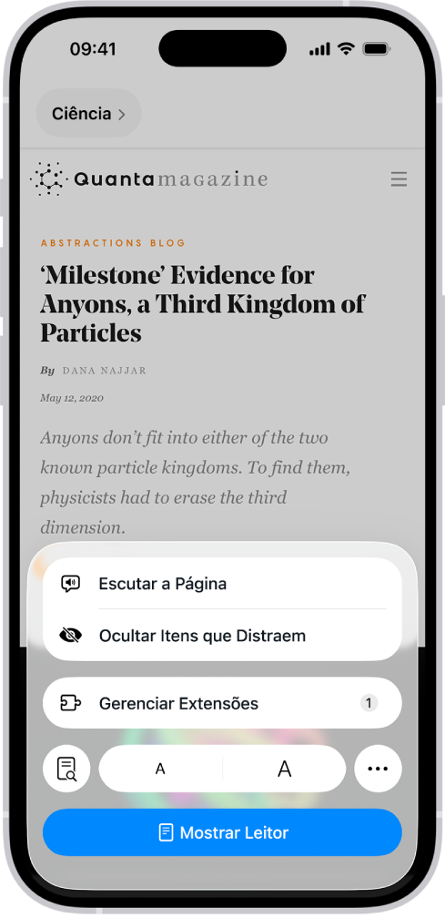 No Safari, o botão Menu da Página foi tocado em um site e mostra opções, incluindo Ocultar Itens que Distraem.