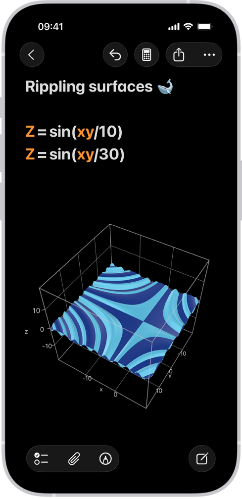 Notas de Cálculo na Calculadora do iPhone mostrando duas equações de 3 variáveis e os gráficos 3D correspondentes combinados no mesmo espaço.