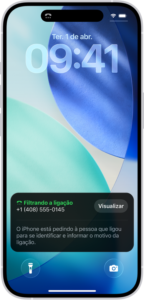 iPhone com uma notificação de Filtragem de Ligações na Tela Bloqueada. A notificação diz que o iPhone está perguntando para a pessoa que ligou o nome dela e o motivo da ligação.
