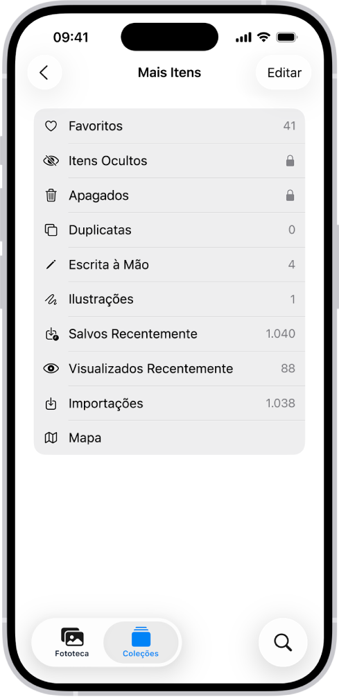No app Fotos, a coleção Mais Itens está aberta, mostrando uma lista de coleções de fotos.