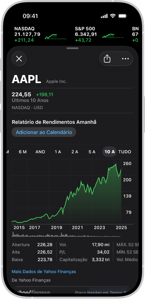 No centro da tela há um gráfico que mostra o desempenho de uma ação ao longo de dez anos. Acima do gráfico, há uma notificação de que a empresa planeja compartilhar seu relatório de lucros no dia seguinte, com um botão para adicionar esse evento ao Calendário.