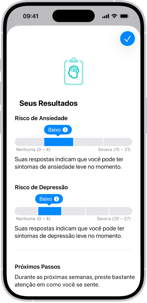 Tela no app Saúde mostrando os resultados de um questionário de saúde mental.