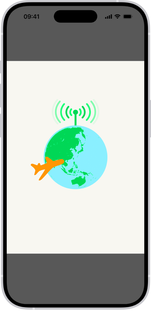 Uma tela de um iPhone mostrando uma ilustração do globo. Na parte superior do globo há um sinal de rádio e um avião voando ao redor do globo.