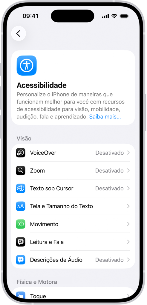 Tela de Acessibilidade nos Ajustes mostrando os recursos integrados de suporte à Visão.