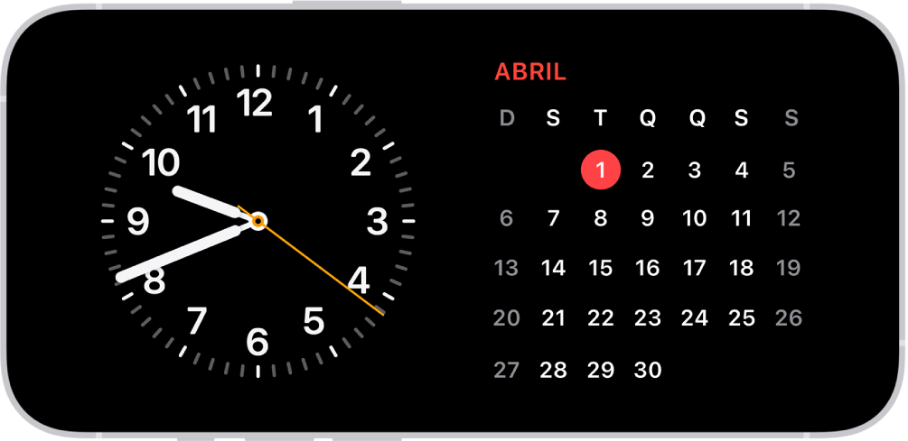iPhone no modo Em Espera com luz ambiente baixa, mostrando os widgets Relógio e Calendário.