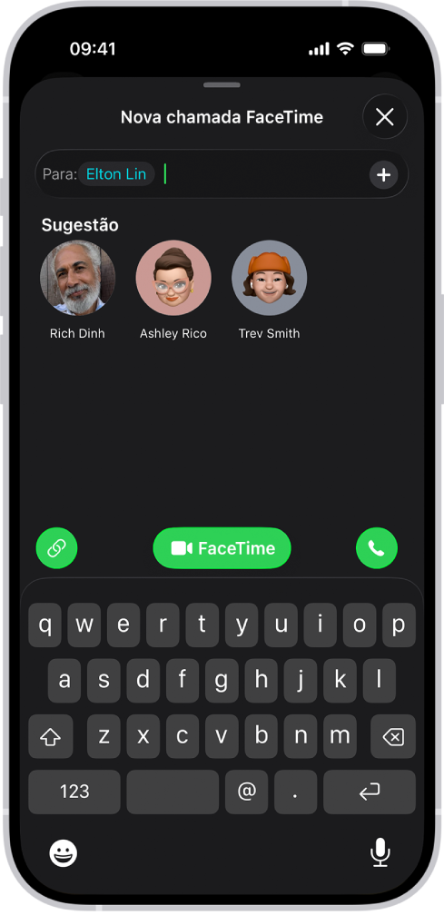 O ecrã para iniciar uma chamada FaceTime, a mostrar o botão "Criar hiperligação” e o botão “Nova chamada” para iniciar uma chamada FaceTime de vídeo ou áudio.