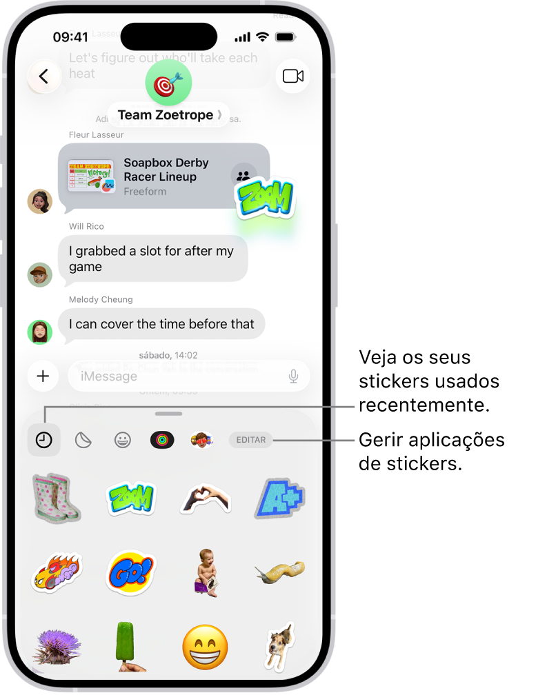 Os stickers aparecem por baixo de uma conversa. Cada botão ao longo da parte superior do cartão abre um conjunto de stickers.