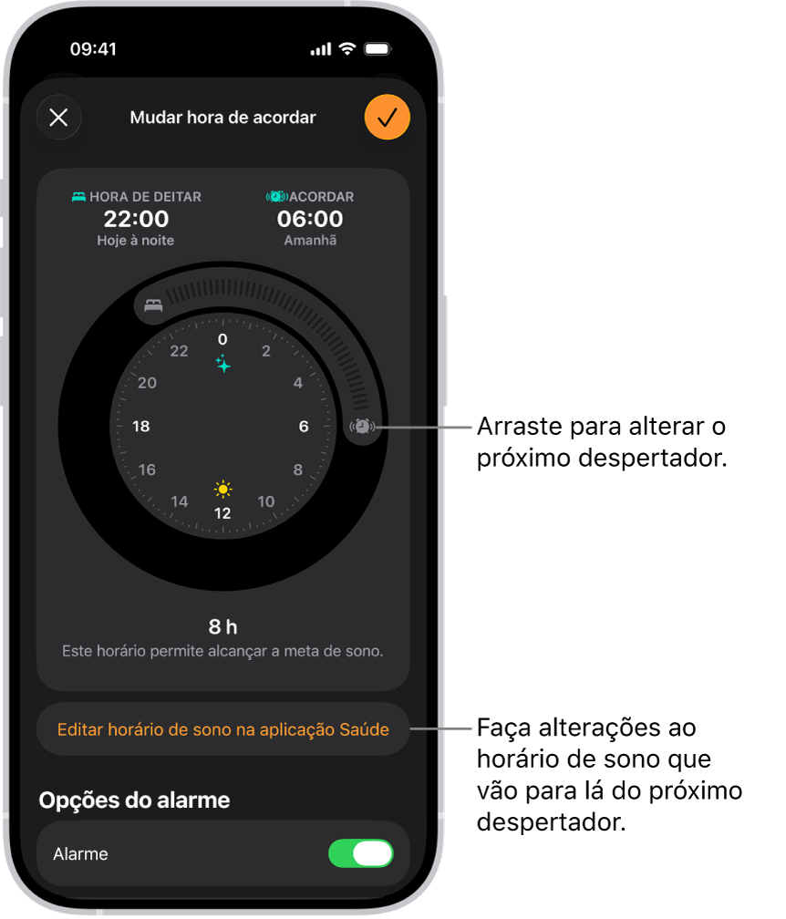 Um ecrã para alterar o próximo despertador. A posição do botão de acordar define a hora do alarme.