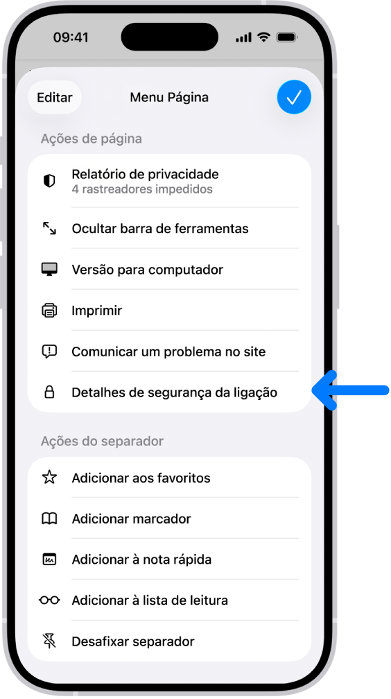 O menu Página está aberto no Safari e o controlo Detalhes de segurança da ligação está a meio da página.