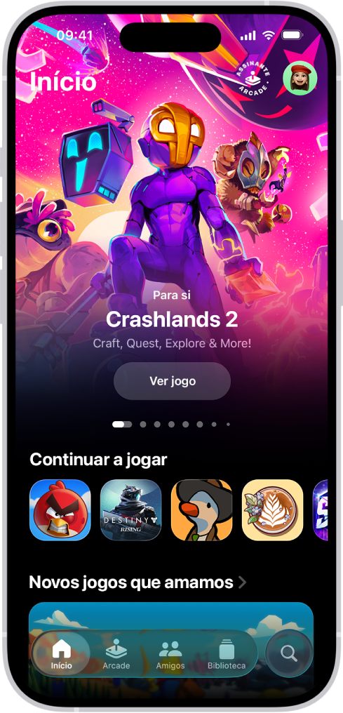 A aplicação Jogos a mostrar o separador “Início”, que mostra jogos para continuar a jogar e novos lançamentos.