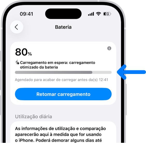 A ficha de informação de carregamento das definições de bateria do iPhone. A ficha mostra a bateria a 80% com a mensagem “Carregamento em espera: carregamento otimizado”. Está agendado para terminar às 12:41, com a opção “Retomar carregamento”.