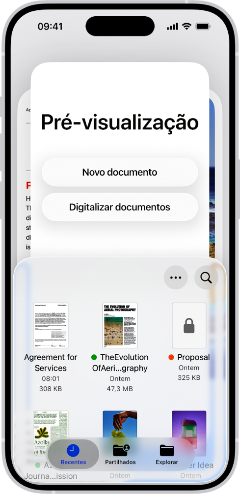 O explorador de documentos na aplicação Pré-visualização. No meio do ecrã encontram-se os botões “Novo documento”; “Digitalizar documentos”, “Mais” e “Pesquisar”. Na parte inferior do ecrã estão os botões “Recentes”, “Partilhado” e “Explorar”.