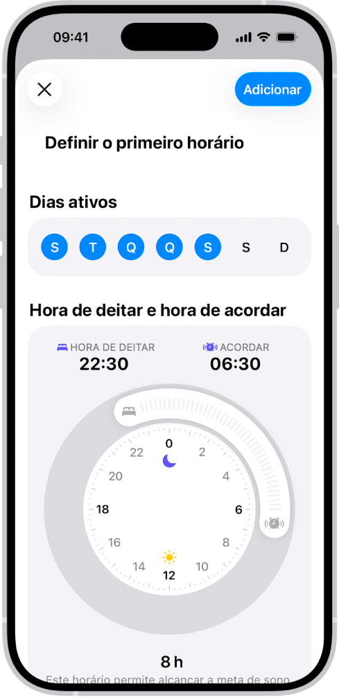 O ecrã “Definir o primeiro horário” na aplicação Saúde, com a secção “Dias ativos” e um relógio de “Hora de deitar e hora de acordar”.