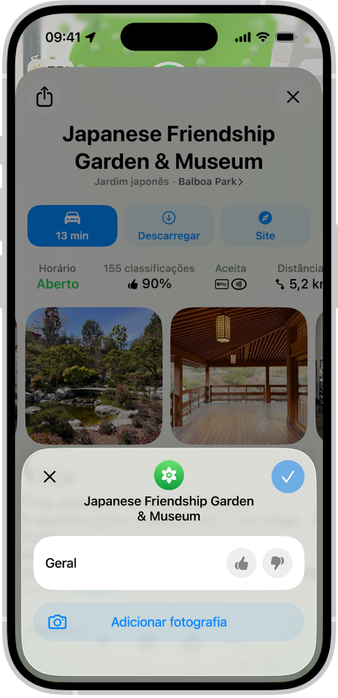 Uma ficha de local com a classificação geral de uma localização, fotografias e botões para classificar o local.