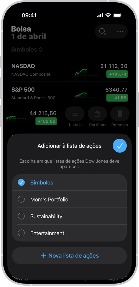 Uma lista de listas de ações personalizadas na aplicação Bolsa: Os meus símbolos, Carteira da mãe, Sustentabilidade e Entretenimento.